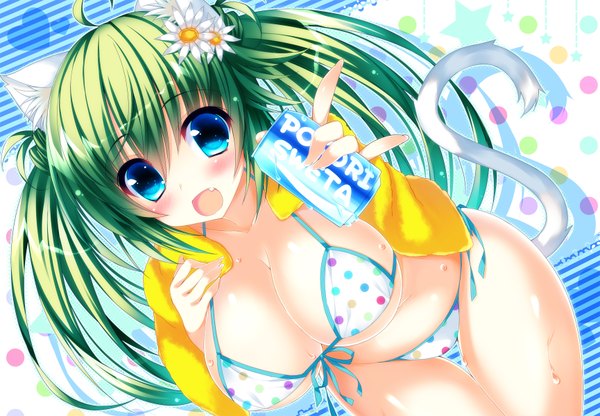 Anime picture 1730x1200 with original pocari sweat ojitcha single long hair blush highres breasts open mouth blue eyes light erotic large breasts twintails animal ears ahoge tail animal tail hair flower green hair cat ears