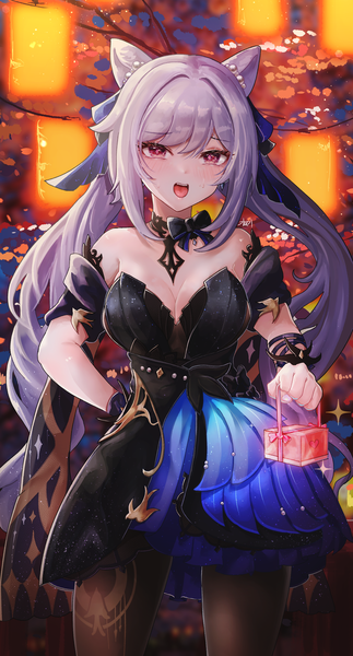Anime picture 1491x2767 with genshin impact keqing (genshin impact) keqing (opulent splendor) (genshin impact) gmg single long hair tall image looking at viewer blush fringe breasts open mouth hair between eyes standing purple eyes twintails bare shoulders holding payot cleavage