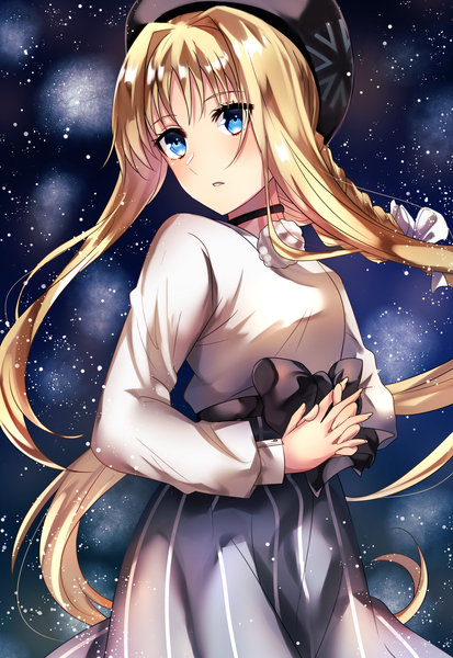 Anime picture 1379x2000 with sword art online a-1 pictures alice zuberg getsuyoubi single long hair tall image looking at viewer blush fringe breasts blue eyes blonde hair standing payot outdoors braid (braids) parted lips night night sky