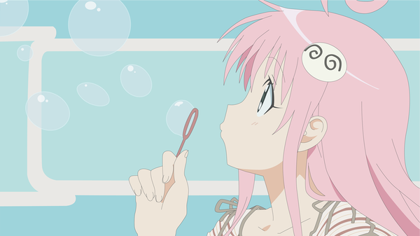 Anime picture 2560x1440 with toloveru toloveru darkness xebec lala satalin deviluke touchofgrey long hair highres wide image green eyes pink hair ahoge profile girl hair ornament bubble (bubbles)