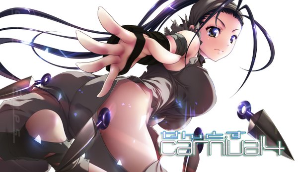 Anime picture 2660x1540 with street fighter ultra street fighter iv capcom ibuki (street fighter) hozumi kaoru highres breasts light erotic black hair wide image white background green eyes ahoge ass from behind sleeveless cover page girl weapon kunai