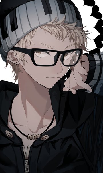 Anime picture 1250x2084 with original yukishima bema single tall image looking at viewer short hair simple background blonde hair yellow eyes upper body light smile boy earrings glasses jacket heart necklace cap stud earrings