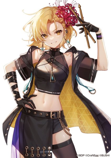 Anime picture 905x1280 with bang dream! satou masuki amaichi esora single tall image looking at viewer short hair simple background blonde hair smile standing white background holding yellow eyes hair flower official art midriff hand on hip grin piercing