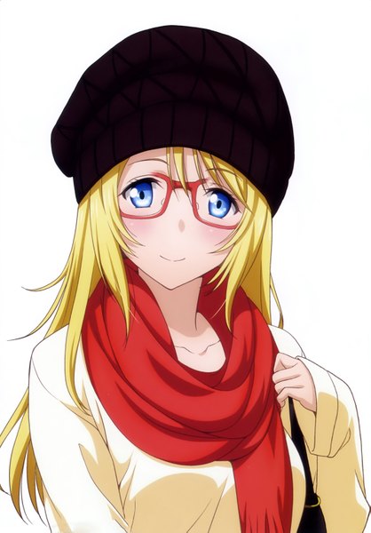 Anime picture 2133x3062 with love live! school idol project sunrise (studio) love live! ayase eli inou shin single long hair tall image looking at viewer blush highres blue eyes simple background blonde hair white background scan girl glasses scarf cap
