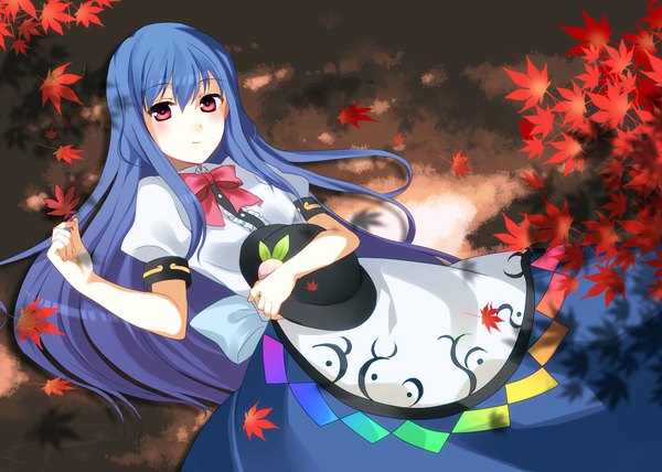 Anime picture 1400x1000 with touhou hinanawi tenshi garigarigari single long hair looking at viewer fringe hair between eyes red eyes blue hair outdoors lying shadow on back puffy sleeves hat removed headwear removed girl bowtie leaf (leaves)