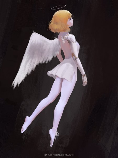 Anime picture 2700x3600 with original cassie (acerailgun) jubi (regiana) single tall image highres short hair blonde hair signed looking away dark background flying white wings angel mechanical arms single wing girl dress pantyhose wings