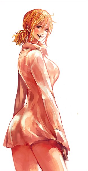 Anime picture 641x1236 with one piece toei animation nami (one piece) tsuyomaru single tall image looking at viewer short hair open mouth simple background smile white background twintails brown eyes looking back orange hair short twintails girl