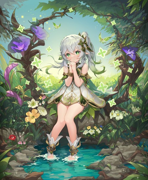 Anime picture 6000x7255 with genshin impact nahida (genshin impact) crystalfly (genshin impact) tutuxia single long hair tall image looking at viewer fringe highres hair between eyes green eyes absurdres silver hair full body pointy ears side ponytail symbol-shaped pupils soaking feet girl