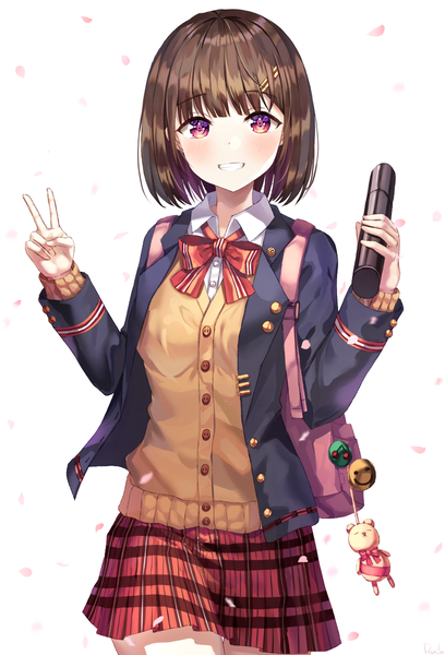 Anime picture 800x1177 with original ruda (ruda e) single tall image short hair simple background smile brown hair white background purple eyes holding grin plaid skirt victory graduation girl skirt uniform school uniform bobby pin