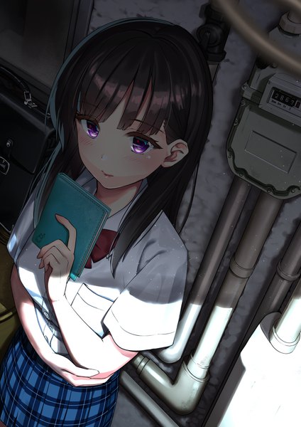 Anime picture 707x1000 with original kinugasa yuuichi single long hair tall image looking at viewer blush fringe brown hair standing purple eyes holding blunt bangs pleated skirt from above dutch angle plaid skirt shaded face girl skirt