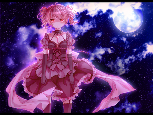 Anime picture 1024x768 with utau kasane teto satou (una-vittima) single short hair red eyes twintails pink hair cloud (clouds) night night sky drill hair short twintails girl dress gloves elbow gloves moon star (stars) cross