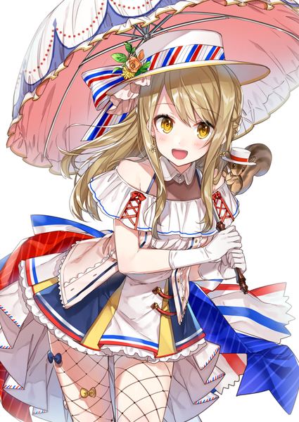 Anime picture 800x1130 with original shirako miso single long hair tall image looking at viewer blush fringe open mouth simple background blonde hair hair between eyes white background bare shoulders holding yellow eyes happy walking frilly skirt animal on shoulder