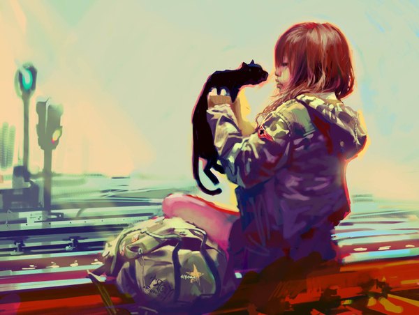 Anime picture 1500x1132 with benjamin (zhang bin) long hair brown hair profile realistic girl animal jacket hood cat bag traffic lights railways