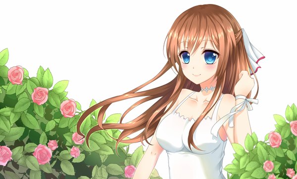 Anime picture 1800x1089 with original hasu (velicia) single long hair looking at viewer blush highres blue eyes smile brown hair wide image girl dress flower (flowers) sundress