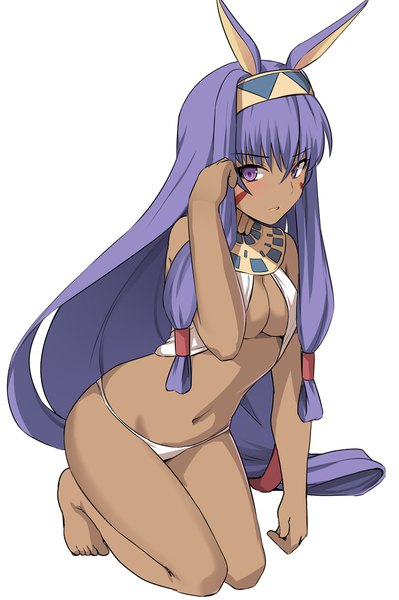 Anime picture 681x1024 with fate (series) fate/grand order nitocris (fate) shiseki hirame single tall image looking at viewer fringe breasts light erotic simple background white background purple eyes animal ears cleavage purple hair full body very long hair parted lips barefoot