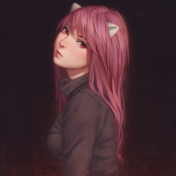 Anime picture 1280x1280 with elfen lied arms corporation lucy miura-n315 single long hair looking at viewer blush fringe simple background hair between eyes pink hair upper body pink eyes horn (horns) lips realistic turning head black background portrait