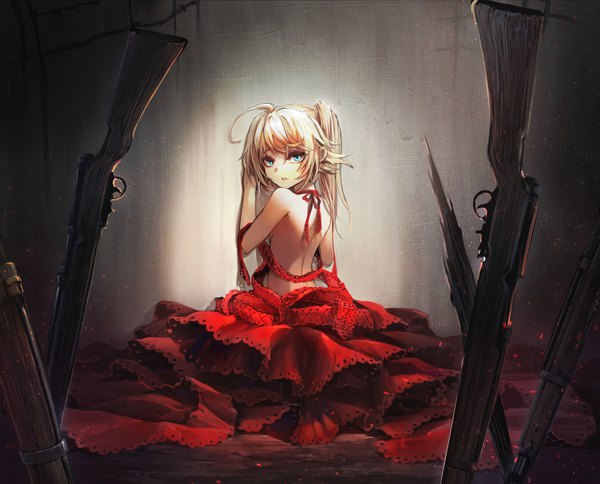 Anime picture 1000x807 with youjo senki tanya degurechaff shuang xiyu single long hair looking at viewer fringe blue eyes light erotic blonde hair bare shoulders ahoge looking back from behind side ponytail bare back against wall girl dress weapon