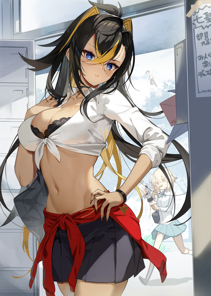 Anime picture 1778x2500 with genshin impact lumine (genshin impact) paimon (genshin impact) dehya (genshin impact) scottie (phantom2) long hair tall image looking at viewer blush highres breasts light erotic black hair large breasts standing multiple girls animal ears cleavage indoors nail polish