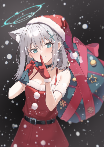 Anime picture 1103x1552 with blue archive shiroko (blue archive) goyain single long hair tall image looking at viewer fringe breasts blue eyes smile bare shoulders animal ears head tilt grey hair cat ears depth of field finger to mouth snowing christmas