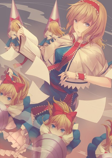 Anime picture 1000x1414 with touhou alice margatroid shanghai liuli (llc) tall image looking at viewer short hair open mouth blue eyes blonde hair holding girl dress bow weapon hair bow frills belt hairband book (books)