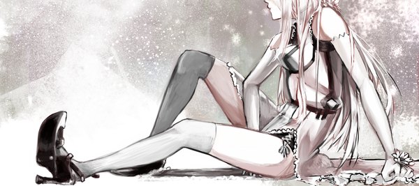 Anime picture 1453x648 with original 02miyama07 single long hair wide image sitting bare shoulders pink hair girl thighhighs dress gloves flower (flowers) elbow gloves