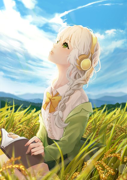 Anime picture 1000x1415 with original antweiyi single long hair tall image fringe hair between eyes sitting green eyes sky cloud (clouds) outdoors white hair braid (braids) profile pleated skirt lips sunlight single braid looking up