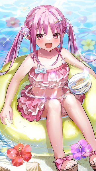 Anime picture 1152x2048 with heaven burns red kunimi tama sake (utopia modoki) single long hair tall image looking at viewer blush open mouth light erotic smile sitting twintails payot pink hair :d pink eyes barefoot from above sparkle