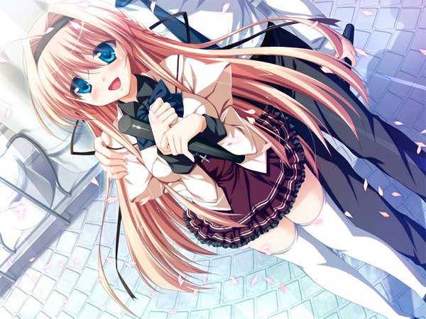 Anime picture 1024x768 with sacred vampire (game) long hair blush open mouth blue eyes blonde hair smile game cg braid (braids) from above girl thighhighs uniform ribbon (ribbons) hair ribbon school uniform petals white thighhighs hairband bowtie