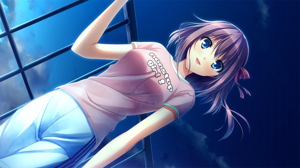 Аниме картинка 1280x720 с suika niritsu (game) короткие волосы голубые глаза широкое изображение game cg красные волосы девушка