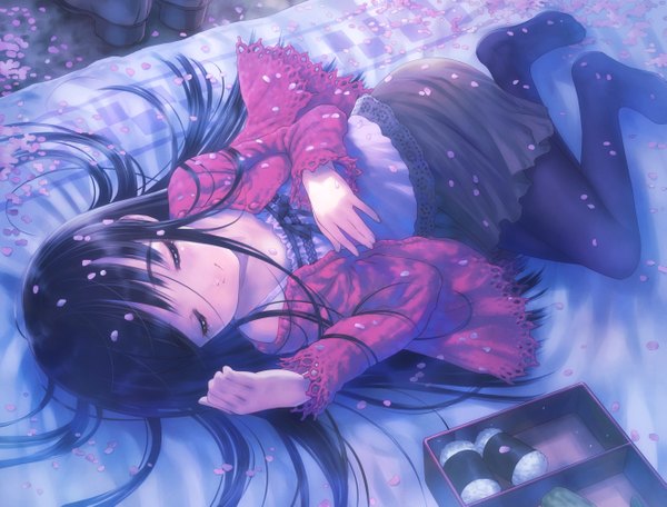 Anime picture 5305x4037 with original goto p single long hair highres black hair smile absurdres lying eyes closed no shoes sleeping spring girl petals pantyhose food obento onigiri
