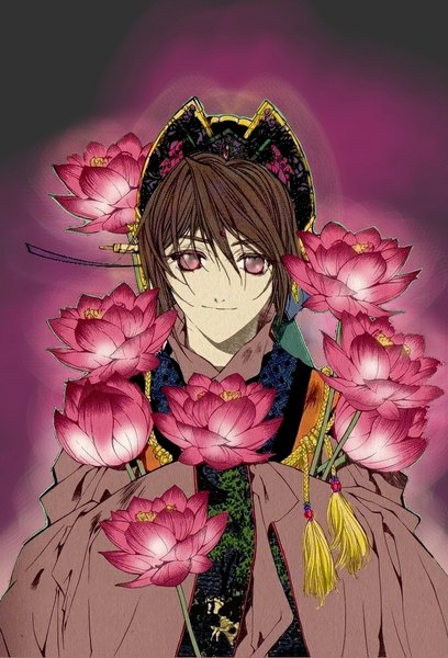 Anime picture 680x1000 with yami no matsuei j.c. staff kijin nirok tall image short hair smile brown hair traditional clothes pink eyes dark background flower (flowers) headdress lotus