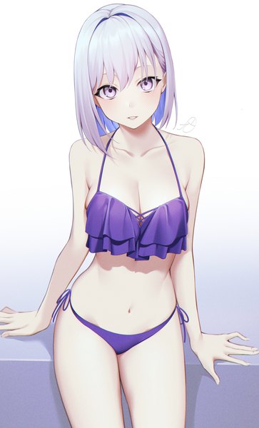 Anime picture 2006x3310 with original kuen (kuennn12) single tall image looking at viewer blush fringe highres short hair breasts light erotic simple background hair between eyes large breasts standing white background purple eyes signed silver hair parted lips