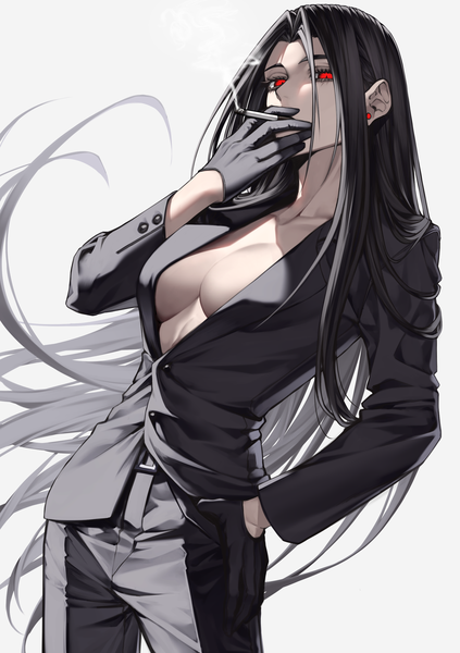 Anime picture 2039x2894 with original hongjake single tall image highres breasts light erotic black hair simple background red eyes large breasts standing white background very long hair no bra from below hand on hip smoke smoking boy