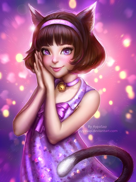 Anime picture 1536x2048 with original ayyasap single tall image looking at viewer blush fringe short hair black hair smile standing signed animal ears tail blunt bangs animal tail pink eyes cat ears realistic cat girl