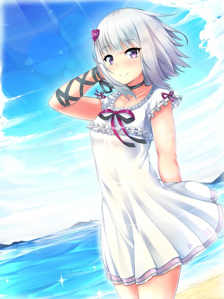 Anime picture 750x1000 with virtual youtuber icetea yomemi amau (kosmos) single tall image looking at viewer blush fringe short hair breasts smile standing purple eyes sky silver hair cloud (clouds) outdoors blunt bangs wind
