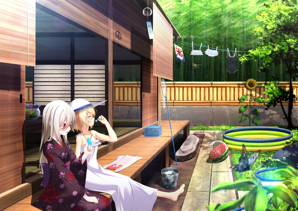 Anime-Bild 1000x708 mit original aono meri long hair short hair open mouth blonde hair smile red eyes sitting multiple girls silver hair eyes closed traditional clothes japanese clothes profile barefoot wide sleeves bamboo forest girl dress