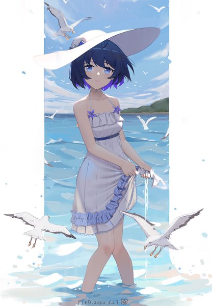 Anime picture 2755x3974 with honkai impact 3rd honkai (series) seele vollerei fled single tall image looking at viewer highres short hair blue eyes black hair standing sky outdoors multicolored hair partially submerged colored inner hair outside border knees together feet apart wringing clothes