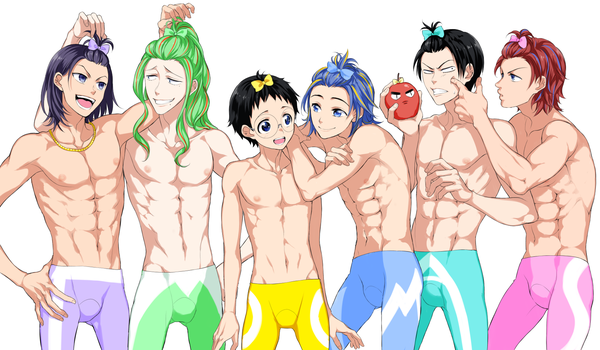 Anime picture 1731x1010 with yowamushi pedal toudou jinpachi sangaku manami arakita yasutomo makishima yuusuke shinkai hayato onoda sakamichi fukutomi juichi kisaragi mizu long hair highres short hair open mouth blue eyes light erotic black hair simple background smile wide image white background