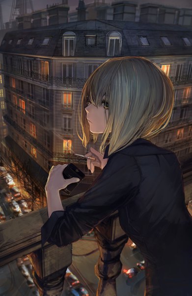 Anime picture 3000x4600 with original hashimoto kokai single tall image fringe highres short hair breasts blonde hair hair between eyes holding yellow eyes looking away outdoors profile from above from behind night leaning leaning forward