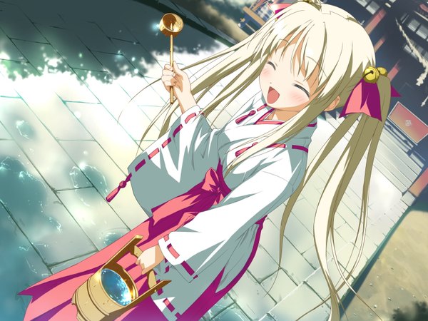 Anime picture 1600x1200 with hoshizora no memoria hisakaki komomo shida kazuhiro long hair blush open mouth blonde hair twintails game cg eyes closed miko hair bell girl water bell