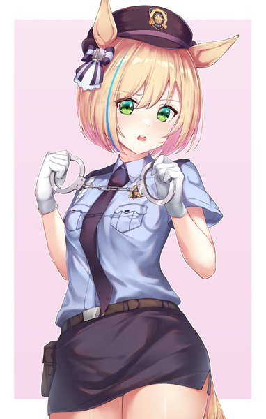 Anime picture 2604x4093 with umamusume little cocon (umamusume) pizza (pizzania company) single tall image fringe highres short hair simple background blonde hair hair between eyes green eyes animal ears looking away multicolored hair streaked hair border pink background horse ears policewoman