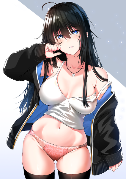 Anime picture 1767x2500 with original bishi (bishi) single long hair tall image looking at viewer blush fringe highres breasts blue eyes light erotic black hair simple background smile large breasts standing bare shoulders cleavage ahoge
