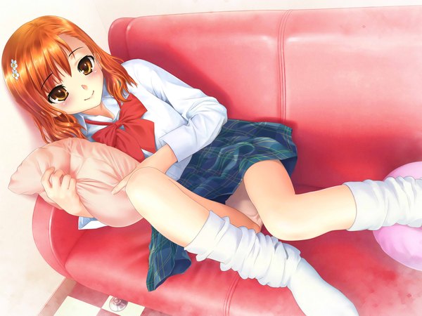 Anime picture 2133x1600 with to aru kagaku no railgun to aru majutsu no index j.c. staff misaka mikoto single highres short hair light erotic smile orange hair orange eyes pantyshot girl skirt miniskirt shirt socks pillow white socks couch