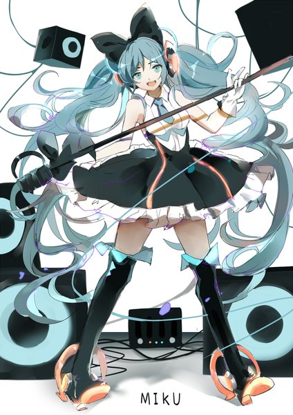 Anime picture 700x990 with vocaloid magical mirai (vocaloid) hatsune miku magical mirai miku magical mirai miku (2016) bxr single tall image looking at viewer open mouth twintails very long hair head tilt aqua eyes aqua hair sleeveless character names girl gloves bow