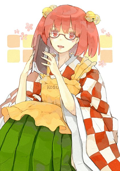 Anime picture 700x994 with touhou motoori kosuzu itak69 single tall image looking at viewer blush fringe short hair red eyes sitting red hair traditional clothes parted lips japanese clothes two side up character names checkered hair bell girl