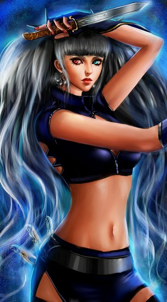 Anime picture 1200x2168 with original lilyzou single long hair tall image blue eyes red eyes silver hair nail polish lips realistic midriff lipstick heterochromia girl navel weapon earrings fingerless gloves knife