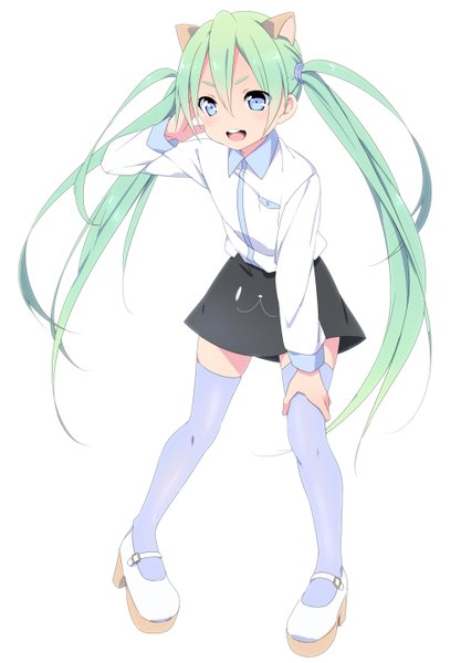 Anime picture 1000x1439 with vocaloid hatsune miku sama (artist) single long hair tall image blush open mouth blue eyes simple background white background twintails animal ears green hair cat ears loli girl thighhighs skirt white thighhighs