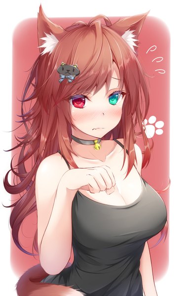 Anime picture 1000x1617 with original kekeji single long hair tall image looking at viewer blush fringe breasts light erotic simple background red eyes brown hair large breasts bare shoulders animal ears cleavage upper body ahoge tail