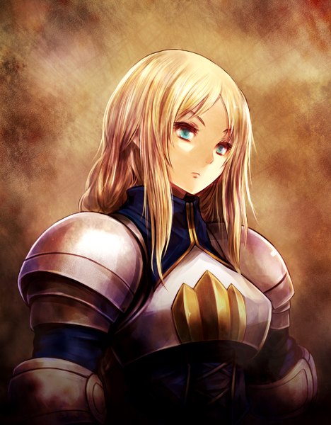 Anime picture 1000x1282 with final fantasy tactics agrias oaks single long hair tall image blush blue eyes blonde hair looking away upper body serious girl dress blue dress armored dress