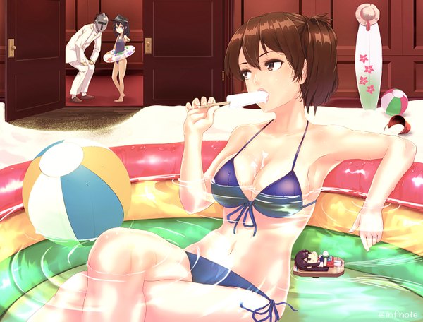 Anime picture 1500x1141 with kantai collection kaga aircraft carrier akatsuki destroyer admiral (kantai collection) infinote short hair breasts light erotic black hair brown hair multiple girls brown eyes girl boy 2 girls swimsuit bikini food sweets ice cream